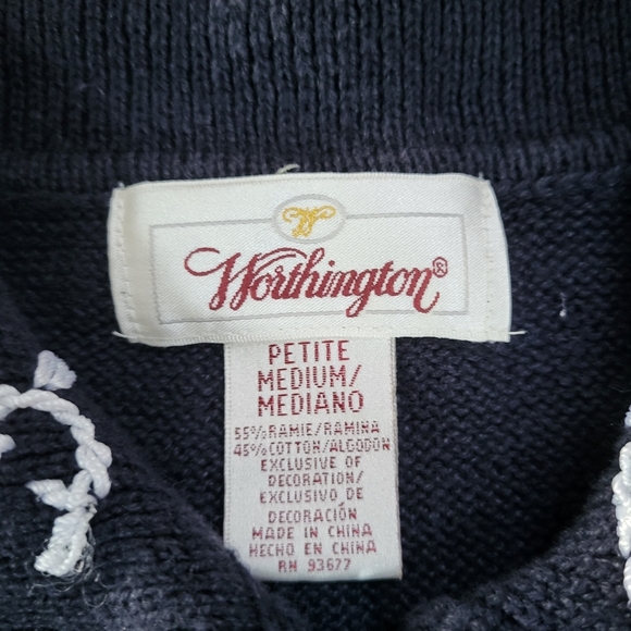 Worthington Vintage Knit Sweater Top M Petite Pearl Collar Granny Embroidered - Picture 7 of 10